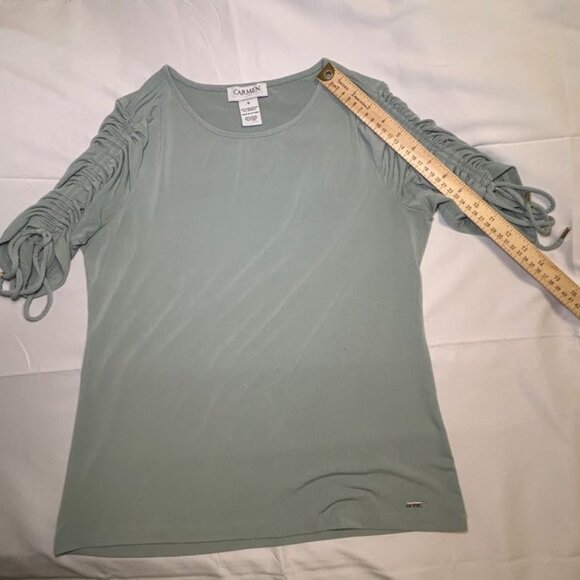 Carmen Marc Valvo Blouse Ruched Sleeves Adjustable Ties Round Neckline Green W S - Picture 7 of 8